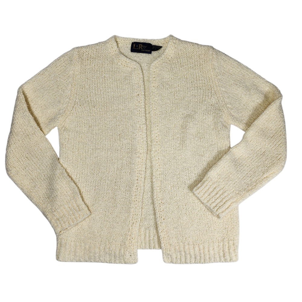 Vintage 1970s LeRoy Knitwear Cream Textured Open Front Cardigan Sweater Womens S